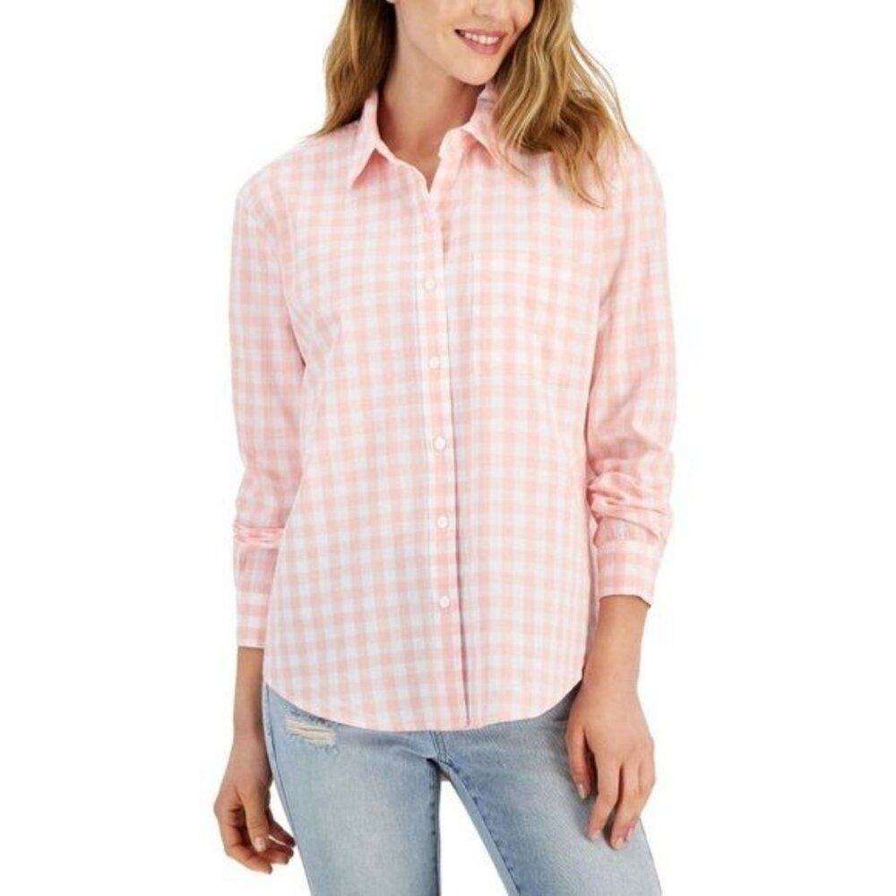 AJ-2582 Style & Co Petite Cotton Gingham Boyfriend Shirt Pink Size SP